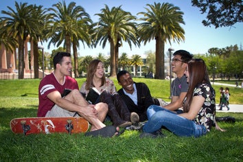 Students on University Library lawn