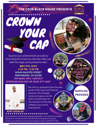 Crown your cap event flyer with decorated caps and Rory Douglas.