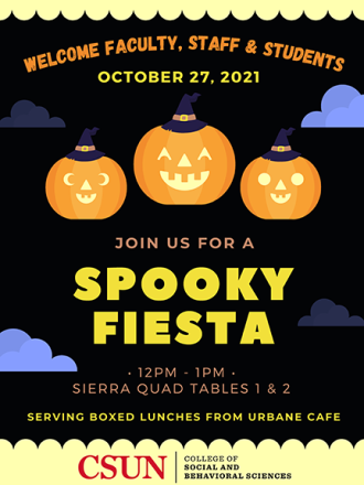 CSBS Fall Spooky Fiesta for faculty, staff and students event flyer. Three pumpkins on a black background with yellow text.