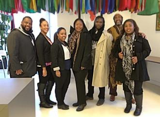 CSUN's 2016 Model African Union team in Washington, D.C. at the African Union headquarters. Pictured left to right:  James Herron, Melissa Elswick, Kalkidan Temesgen, Glenna Dixon, Malcolm McIntosh, faculty advisor David L. Horne, and Cheryl Hatcher. (Not shown, Ameer Wafer). 