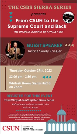 Sandy Kriegler: From CSUN to the Supreme Court and Back Event Flyer
