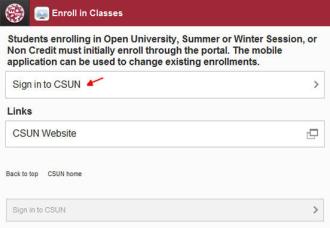CSUN App log in page