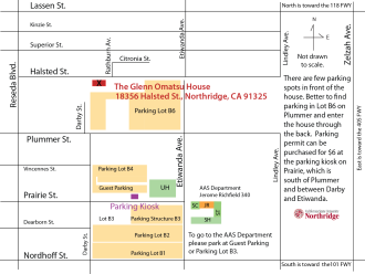 The Glenn Omatsu House is located at 18356 Halsted St., Northridge, CA 91325. This is on the south side of the street, just east of Reseda Blvd., and is adjacent to the CSUN Black House and CSUN Lab School.