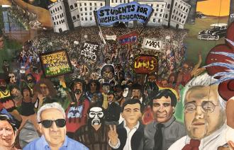 detail of mural showing student and faculty protesters