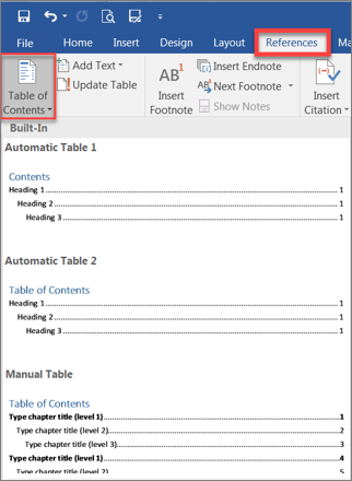 screenshot of Table of Contents steps