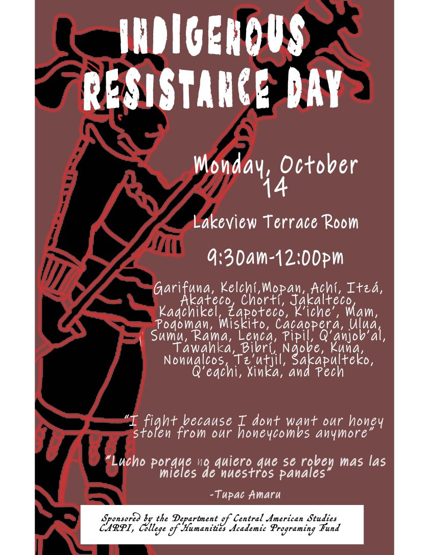 Flyer for Indigenous Resistance Day with date, time, location, and list of guest speakers