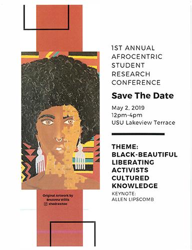 Afrocentric Student Research Conference Flyer. Black woman with African textiles in background 