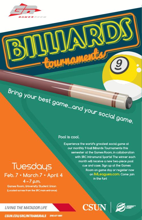Billiards Tournaments: Feb 7, March 7 and April 4 at the Games Room