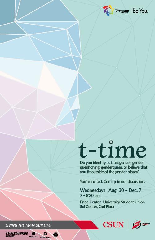 T-Time LGBTQ discussion at the Pride Center every Wednesday @ 7-8:30