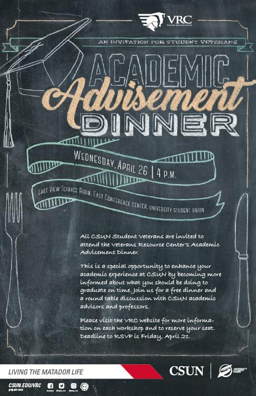 VRC Academic Advisement Dinner | April 26 @ 4 p.m. | Lake Terrace Room, East Conference Center, USU