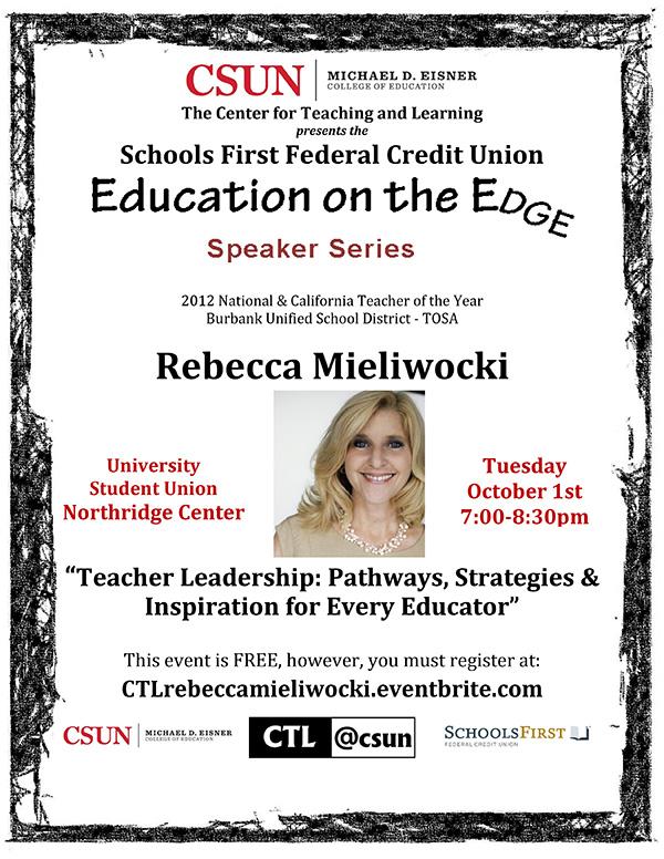 Education on the Edge speaker series - Rebecca Mieliwocki, October 1st, 7-8:30 PM, Northridge Center