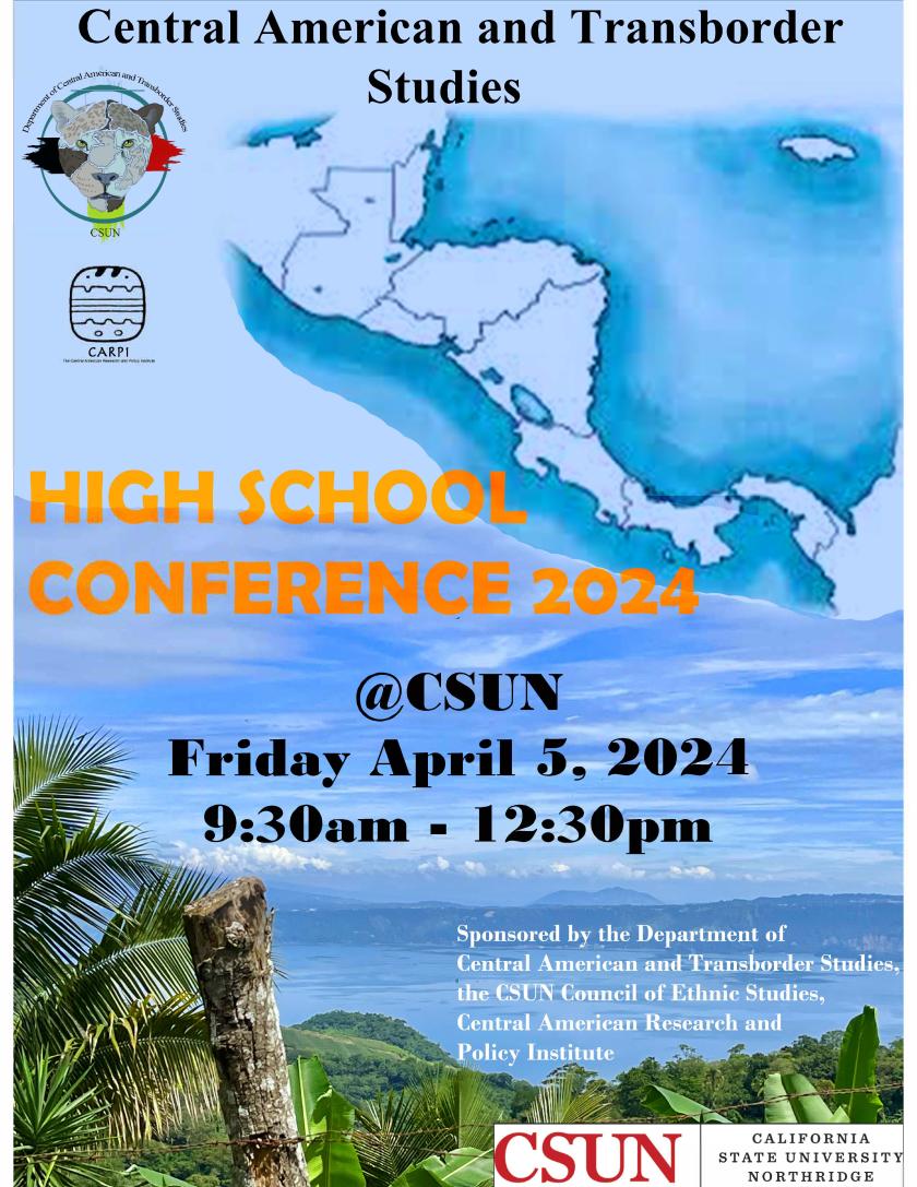 Flyer for event with details superimposed over map of Central America and beach scene
