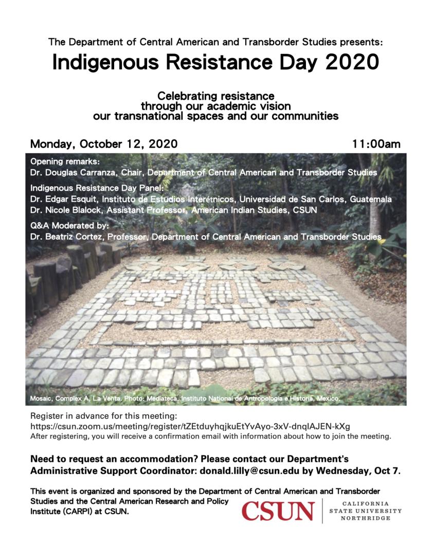 Flyer for Indigenous Resistance Day event with photo of face mosaic made with paving stones surrounded by Mexican jungle
