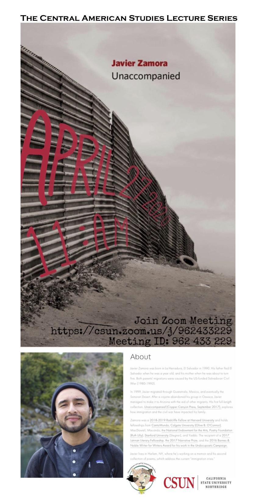 Javier Zamora event flyer with picture of border wall and another picture of Javier Zamora