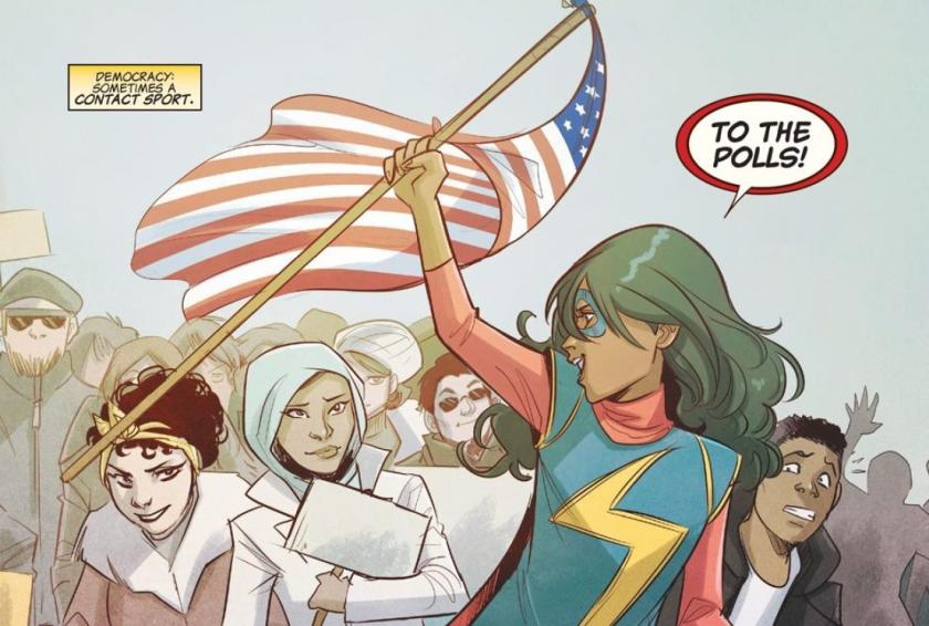 Kamala Khan gets out the vote. From Ms. Marvel, by Andolfo, Herring, and Wilson, 2016. © Marvel.