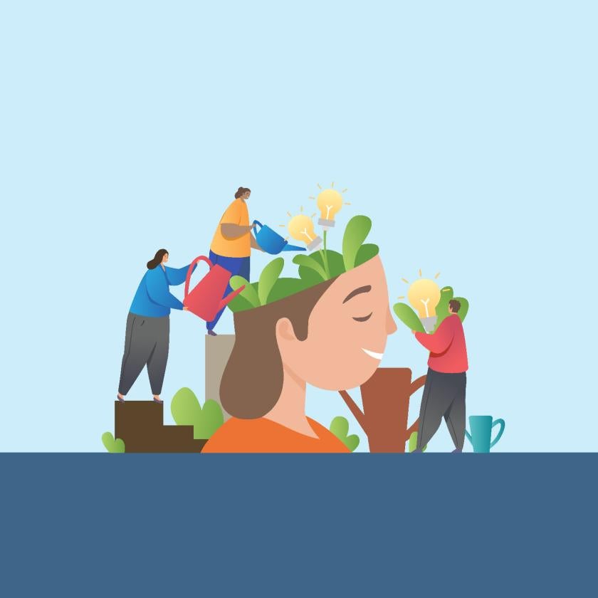 Cartoon illustration of a person&#039;s head being watered and cared for by three other people while plants and light bulbs, representing ideas, grow out of the person&#039;s head.
