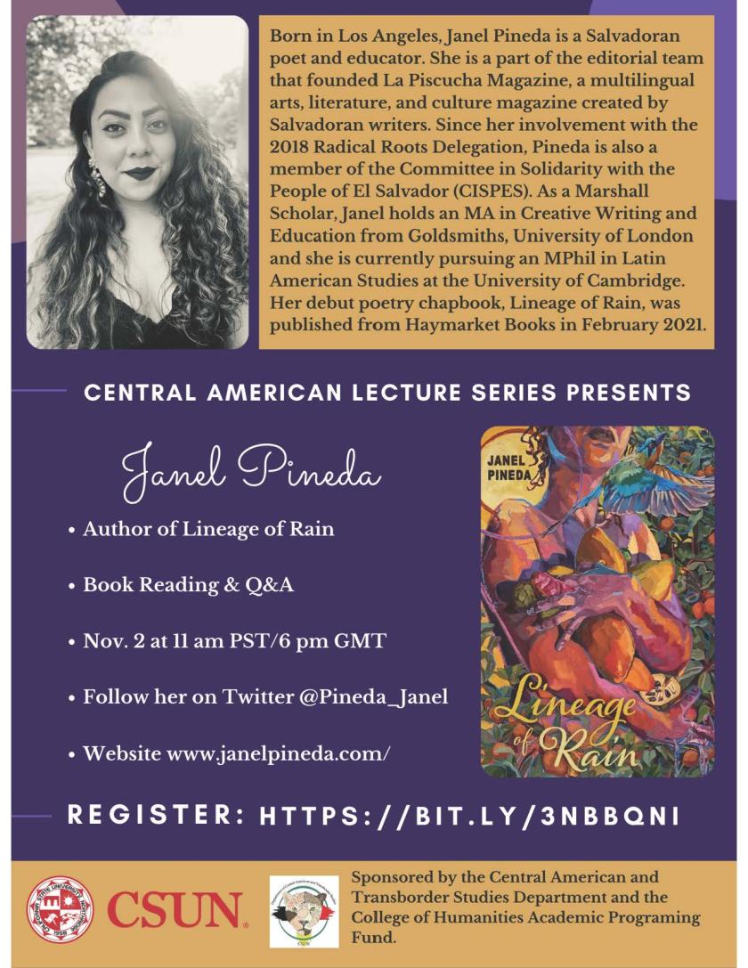 Flyer for Janel Pineda event with her photo, biography, image of book cover, and event details