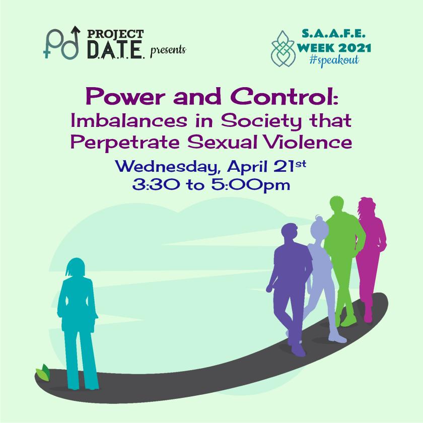 Project DATE presents SAAFE week 2021, #speakout; Power and control: imbalances in our society that perpetuate sexual violence on April 21st at 3:30pm; a curved line with four people on the higher part of the line and one person at the lower part