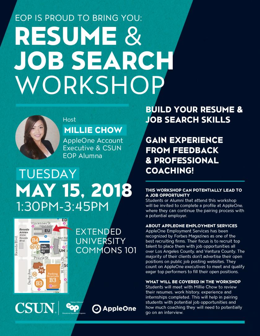 Resume and Job Search Workshop Hosted By EOP Flyer