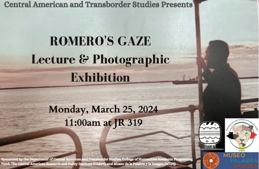 Flyer for event with details superimposed over Bishop Oscar Romero on a boat looking across the water