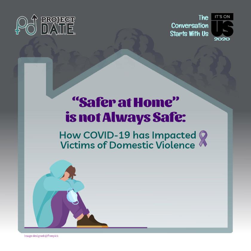 Project DATE presents Safer at Home is not Always Safe: How COVID-19 has Impacted Victims of Domestic Violence [image: silhouette of a house with dark clouds in the background and a person sitting on the floor with their head on their knees and holding a 