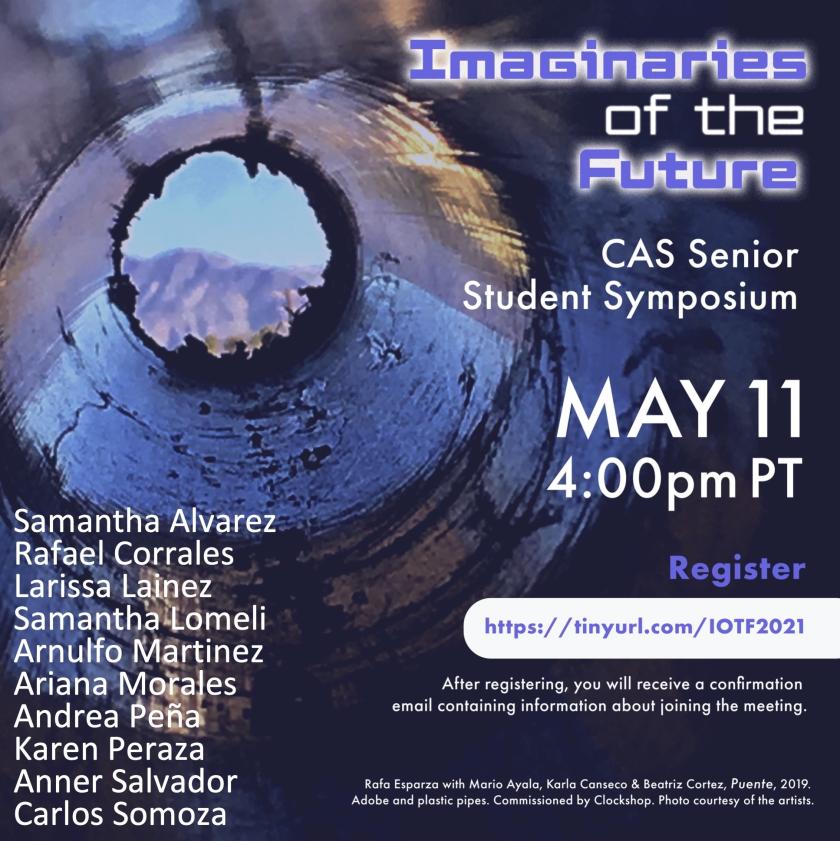 View of mountains through drainage pipe.  Flyer for Imaginaries of the Future student symposium event.