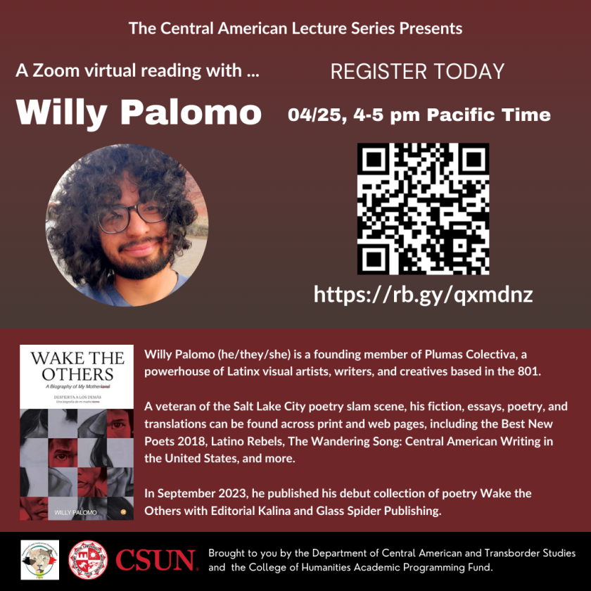 Flyer for 04/25/24 event with photo of Willy Palomo, QR code, and image of his book, &quot;Wake the Others&quot;.