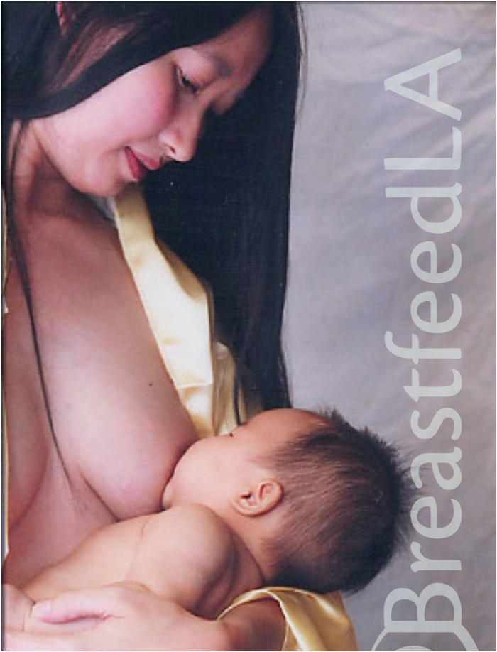 dark haired woman breastfeeding child on grey background and breastfeed la watermark