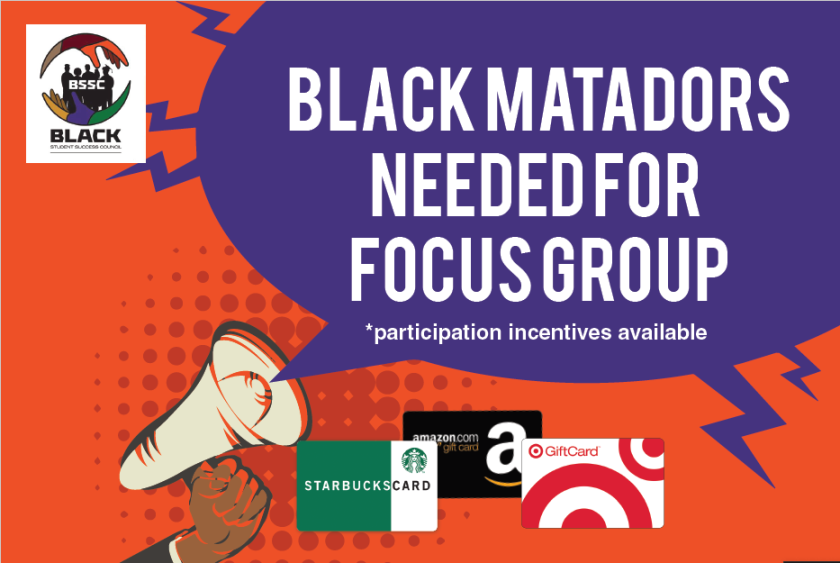 Arm holding a megaphone, announcing &quot;Black matadors needed for focus groups, participation incentives available&quot;
