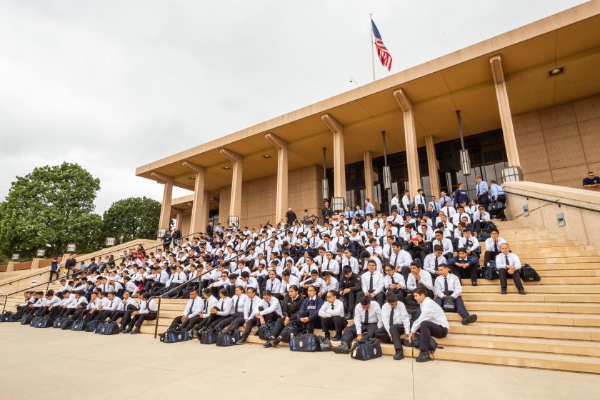 CSUN cadets sitting on Oviatt steps