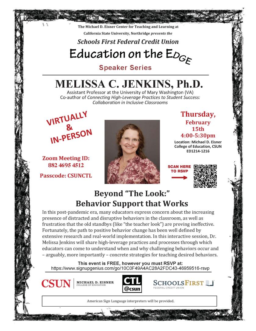 Melissa Jenkins, Education on the Edge flyer, Spring 2024