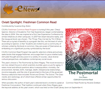 Screenshot shows opening of the eNews Spotlight story on the Freshman Common Read.