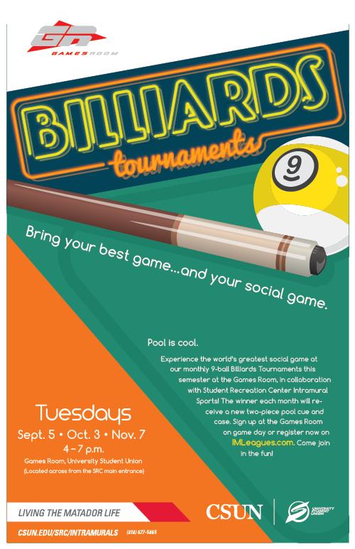 Billiards Tournaments, Tuesdays September 5, October 3 and November 7 from 4 to 7 p.m.