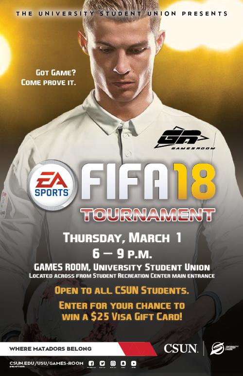 FIFA 18 Tournament, Thursday, March 1, from 6 to 9 p.m.