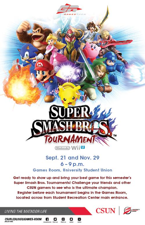 Super Smash Bros. Tournament, September 21 and November 29, from 6 to 9 p.m. at the Game Room, USU