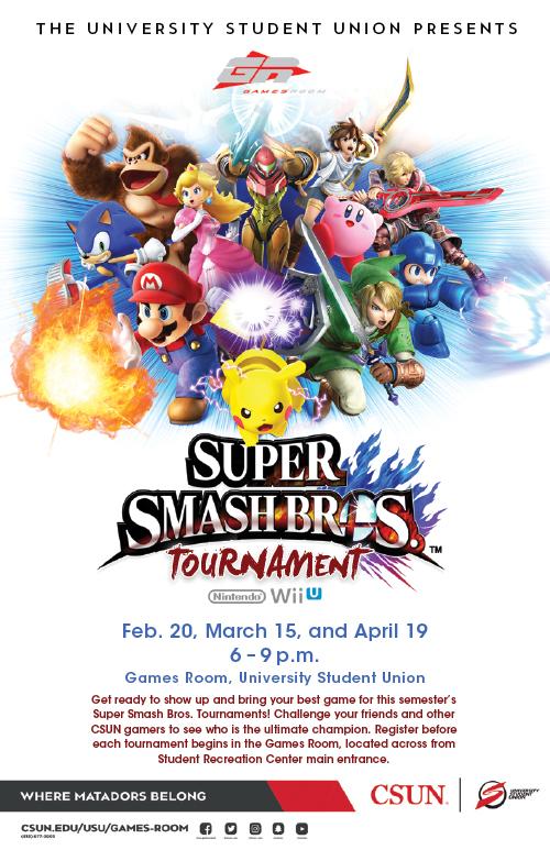 Super Smash Bros., February 20, March 15 and April 19, from 6 to 9 p.m. at the Games Room, USU