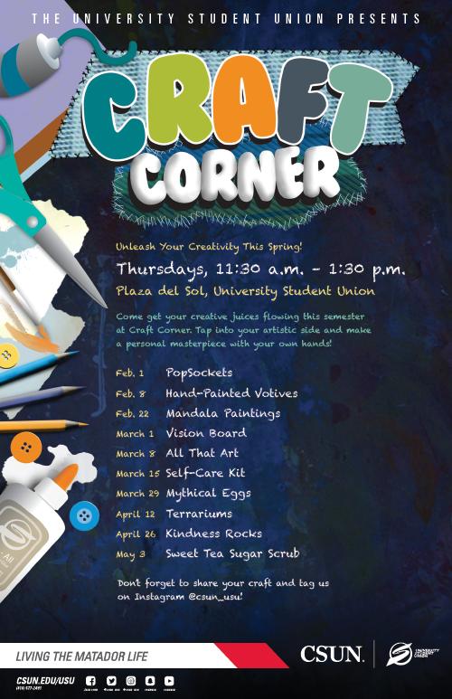 Craft Corner, Select Thursdays, from 11:30 a.m. to 1:30 p.m. at Plaza del Sol, USU