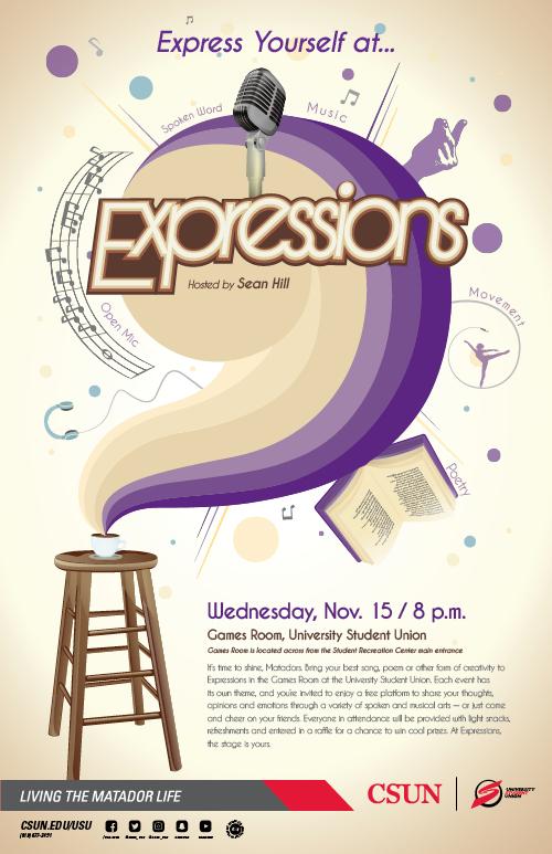 Express yourself at Expressions, Hosted by Sean Hill, on Wednesdays November 15 at 8 p.m., in the Games Room, USU