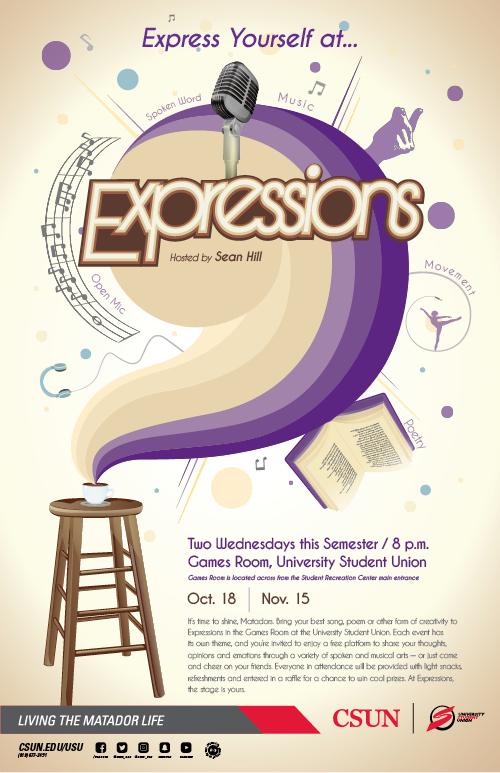 Express yourself at Expressions, Hosted by Sean Hill, Two Wednesdays this Semester at 8 p.m., in the Games Room, USU, on October 18 and November 15