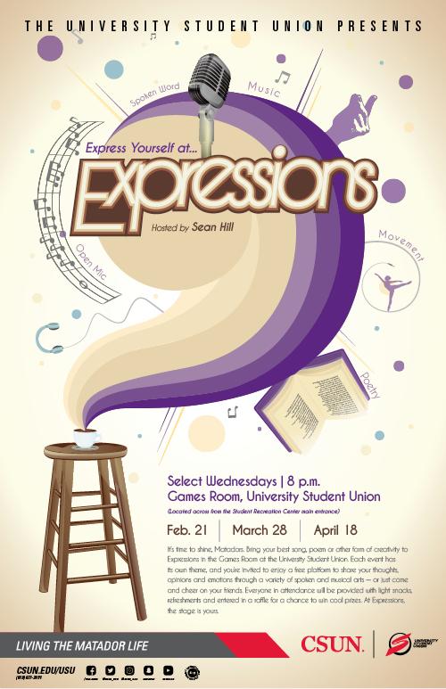 Express yourself at Expressions, Wednesday February 21, March 28 and April 18 at 8 p.m., at the Games Room, USU