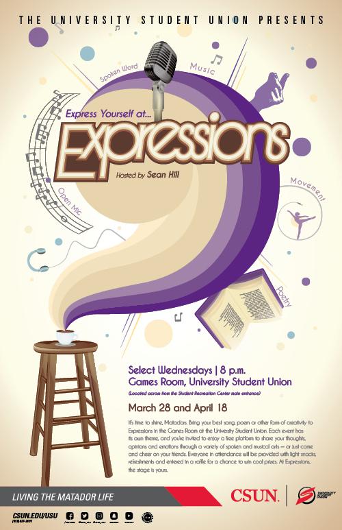Express yourself at Expressions, Wednesday March 28 and April 18 at 8 p.m., at the Games Room, USU