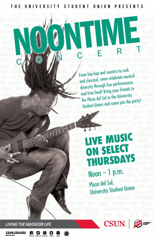 Noontime Concert, Live music on select Thursdays, from noon to 1 p.m. at Plaza del Sol, USU
