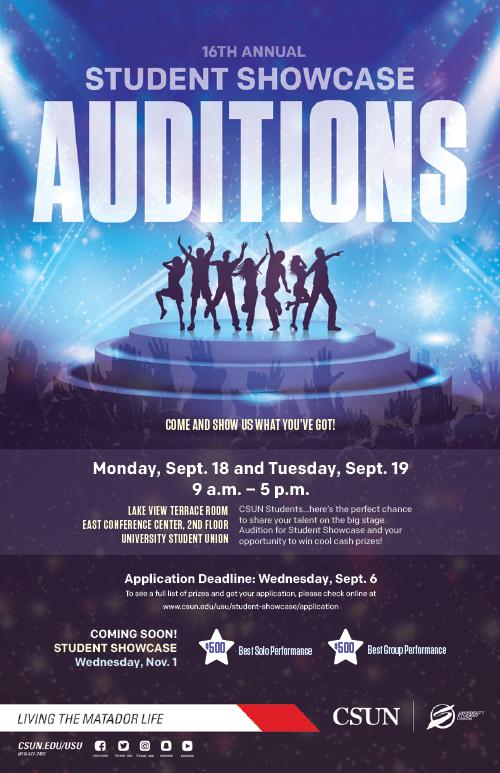 16th Annual Student Showcase Auditions, Monday, September 18 and Tuesday, September 19 from 9 a.m. to 5 p.m.