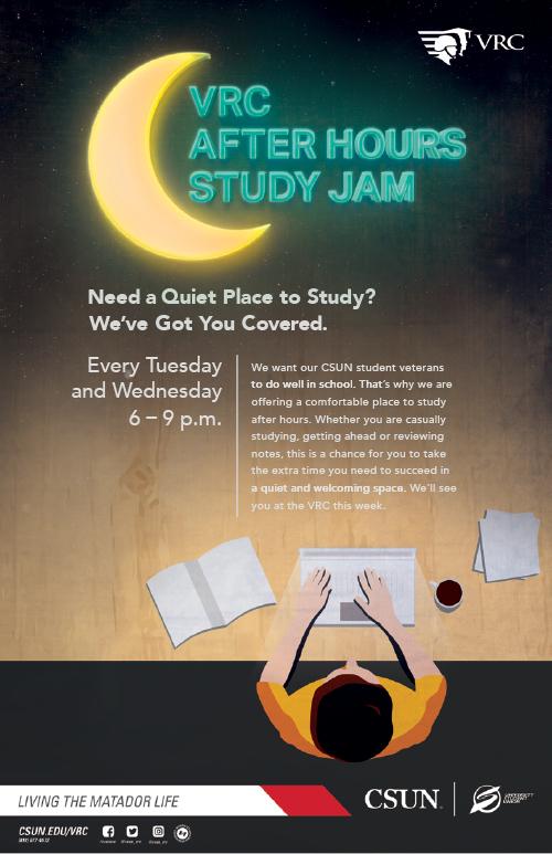 VRC After Hours Study Jam, Every Tuesday and Wednesday, from 6 to 9 p.m. at the Veterans Resource Center, USU