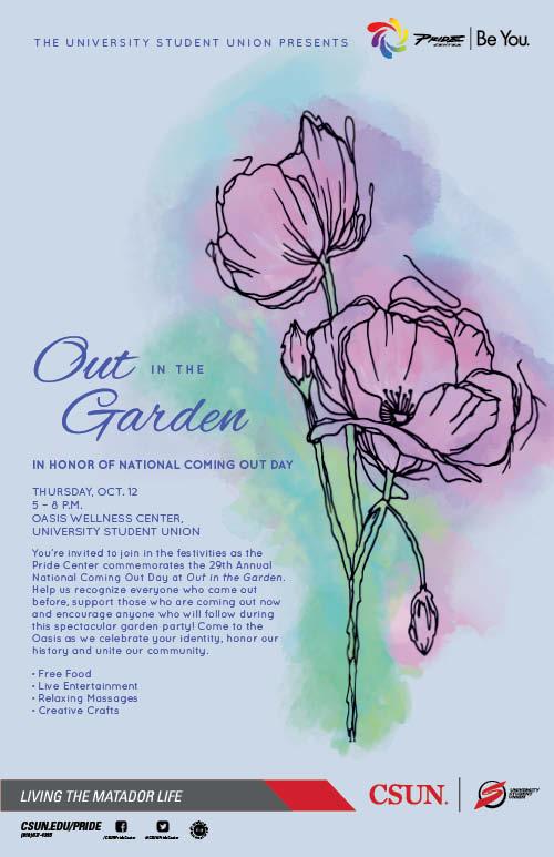 Out in the Garden, In Honor of National Coming Out Day, Thursday, October 12, from 5 to 8 pm at the Oasis Wellness Center, USU