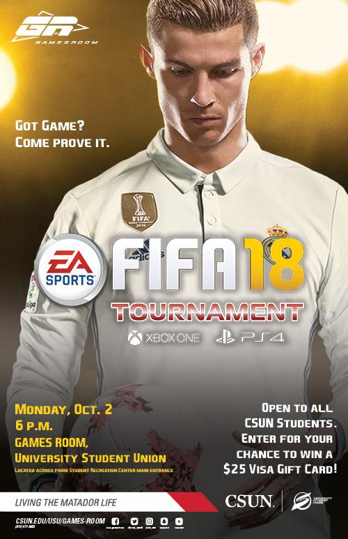 Fifa 2018 Tournament, Monday, October 2 at 6 p.m. in the Game Room, USU. Open to all CSUN Students