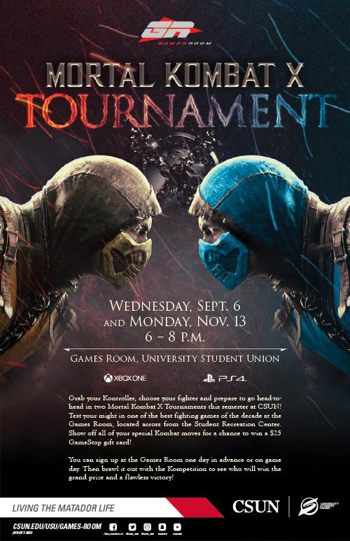 Mortal Combat Tournament | Wednesday, September 6 and Monday, November 13, form 6 to 8 p.m. at the Game Room, USU