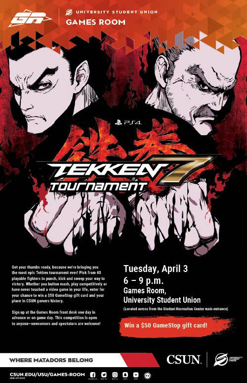 Games Room: Tekken 7 Tournament. Tuesday, April 3, from 6 to 9 p.m. at the Games Room, USU