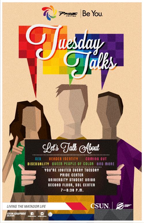 Tuesday Talks, Tuesdays from 7 to 8:30 p.m. at the Pride Center, Sol Center Second Floor, USU