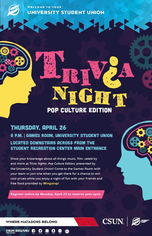 Trivia Night: Pop Culture Edition. Thursday, April 25 at 8 p.m. in the Games Room, USU